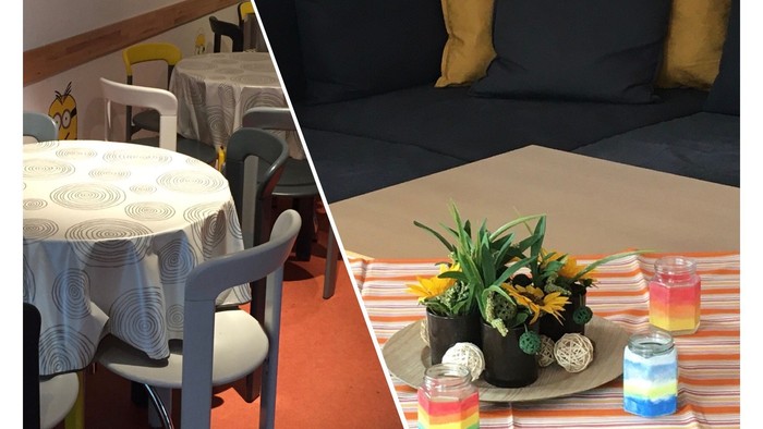 Links: Essbereich mit Tisch und Stühlen, rechts: Wohnzimmer mit Sofa und Couchtisch