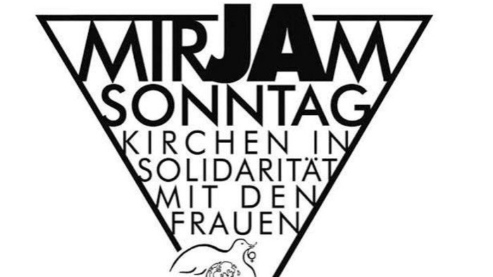 Schwarz-weißes Logo zur Unterstützung der Solidarität mit Frauen, mit einer kirchenbezogenen Botschaft und einem Tauben-Emblem.