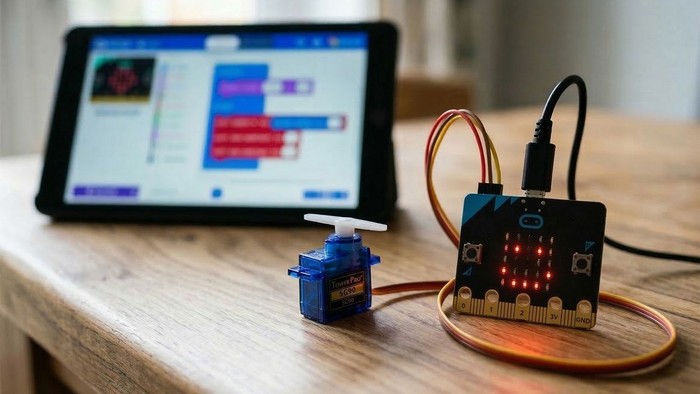 Ein kleiner Servomotor, der über Kabel mit einem Mikrocontroller-Board mit LED-Anzeigen verbunden ist und auf einem Tablet programmiert wird.