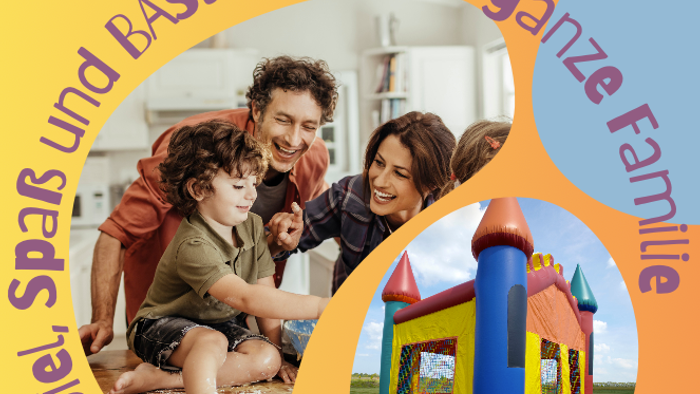 Familie spielt im Garten mit einem bunten Trampolin
