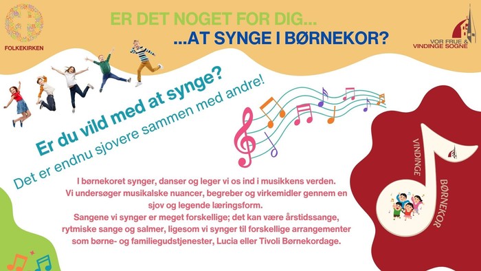 Plakatannoncering for børnekoraktiviteter og sangsessioner ved Vindinge Kirke og kirkegård.