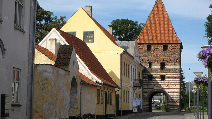 Historisk bygade med farverige huse og en middelalderlig stenbueindgang.