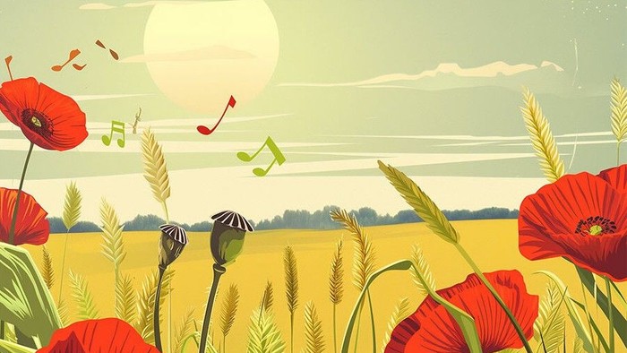 En farverig illustration af en eng med røde valmuer og hø, under et klart himmelblå med en stor sol og musiknoter.