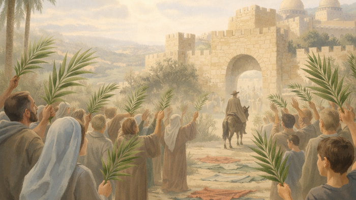 En sejrsrig procession nærmer sig Jerusalems porte med palmegrene og fejrer en æret skikkelse på et æsel.