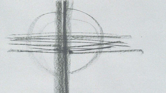 Kreidezeichnung, ein Kreuz mit der Schrift 