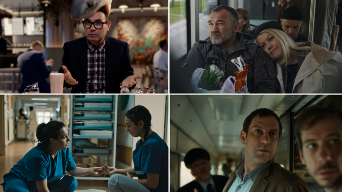 Eine Collage intensiver Szenen mit Figuren in einer angespannten, möglicherweise postapokalyptischen Umgebung.