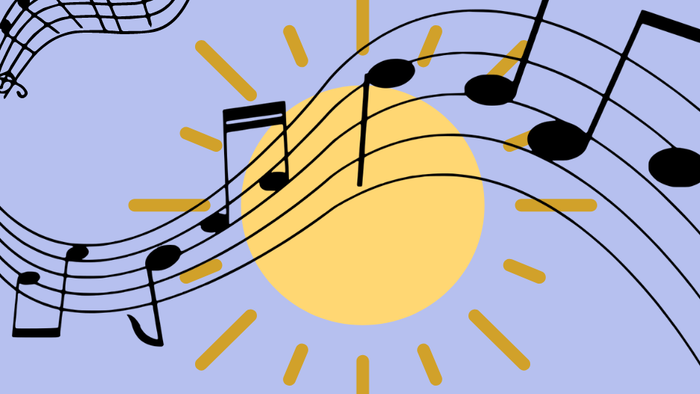 Musiknoter og sol i blå himmel