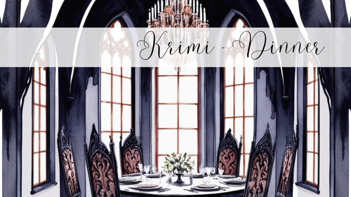 gemalter herrschaftlicher Dinner-Bereich mit schwarzen Wänden, Fenstern und schwarz-goldenen Stühlen um einen gedeckten Tisch