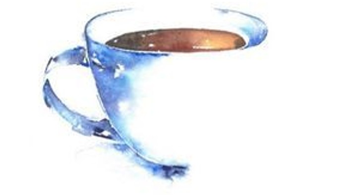 Abstraktes Aquarellbild einer Teetasse mit einer blauen, wirbelnden Flüssigkeit und einem braunen Rand.