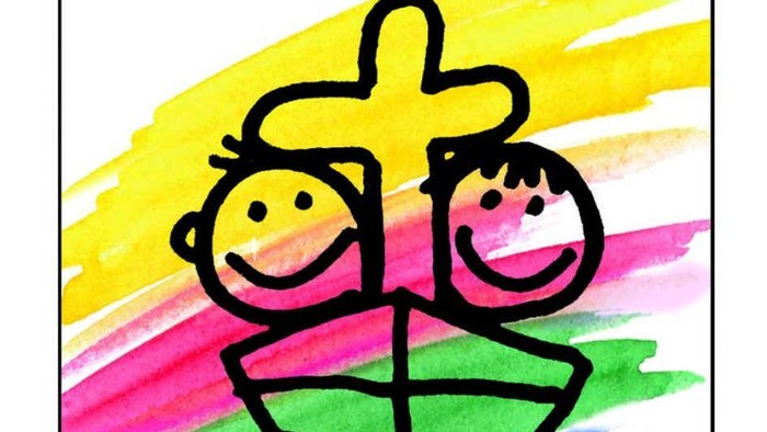 Buntes Kinderbild mit zwei lächelnden Gesichtern auf einem Boot und dem Text „Kirche mit Kindern“ darunter.