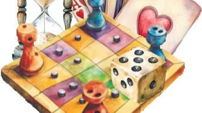 Verspielte Szene mit Dame, Würfeln, Spielkarten und Sanduhr mit lustigen Figürchen.