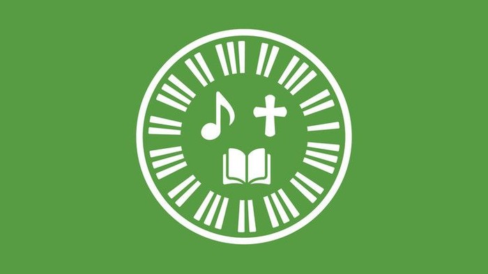 Et grønt logo med musiksymbol, kors og bog