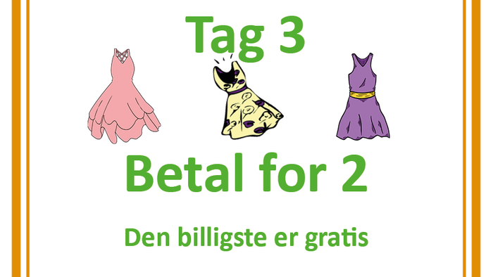 Reklameplakat for en kirkens genbrugsbutik med tilbud: 