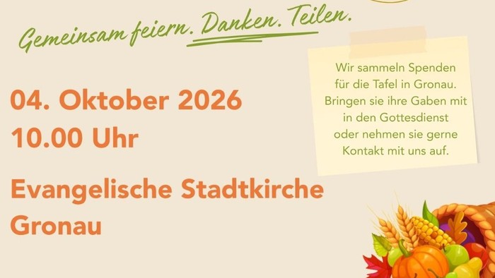 Plakat mit Einladung zum Erntedankgottesdienst am 04.10.2026 um 10 Uhr in der Stadtkirche.