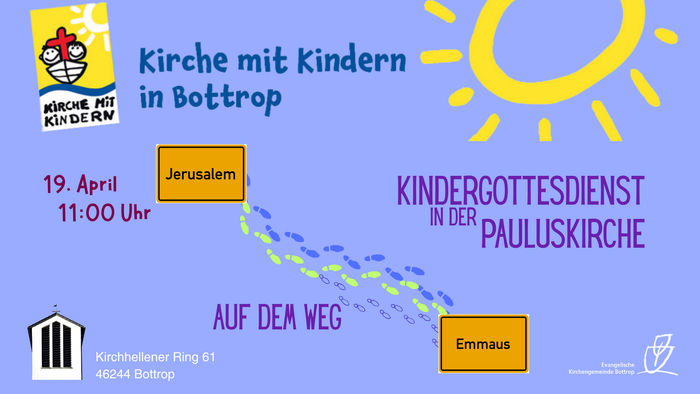 Ein buntes Plakat, das für einen Kindergottesdienst in Bottrop am 19. April um 11 Uhr wirbt.
