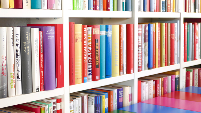 Bunte Bücherregale, gefüllt mit geordneten Büchern in verschiedenen leuchtenden Farben und Größen.