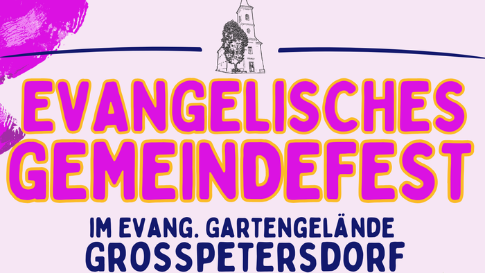 Plakat für das Evangelische Gemeindefest am 5. Juli mit Aktivitäten, Gottesdiensten und kostenlosen Leckereien.