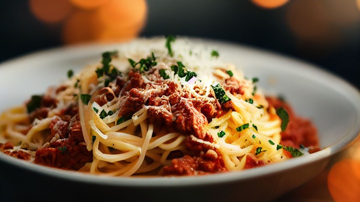 Tallerken med spaghetti og kødsovs pyntet med revet ost og persille