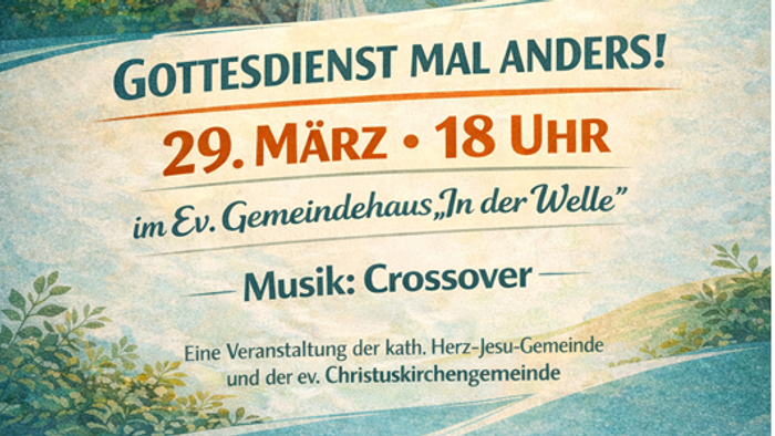 Plakat bewirbt einen einzigartigen Gottesdienst mit Motivations-Thema und Crossover-Musik-Event am 29. März.