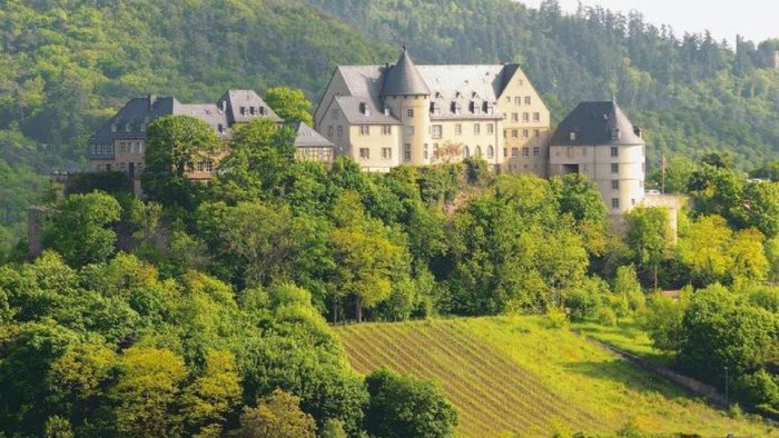 Auf einem bewaldeten Hügel erhebt sich mit der Ebernburg eine große Schloss- oder Burganlage mit mehreren Gebäudeteilen und Türmen. Die hellen Fassaden und dunklen Dächer bilden einen markanten Kontrast zur umliegenden grünen Landschaft. Unterhalb der Anl