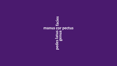 Lateinische anatomische Begriffe vertikal auf einem violetten Hintergrund angeordnet, aufgelistet: manus, cor, pectus, pedes, latus, facies, genua.