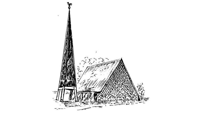Skizze einer Kirche mit hohem Kirchturm und einem schlichten steinernen Gebäude mit Steindach daneben.