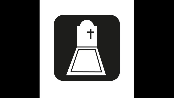 Das Bild zeigt ein Symbol mit einem Grabstein und einem Kreuz.