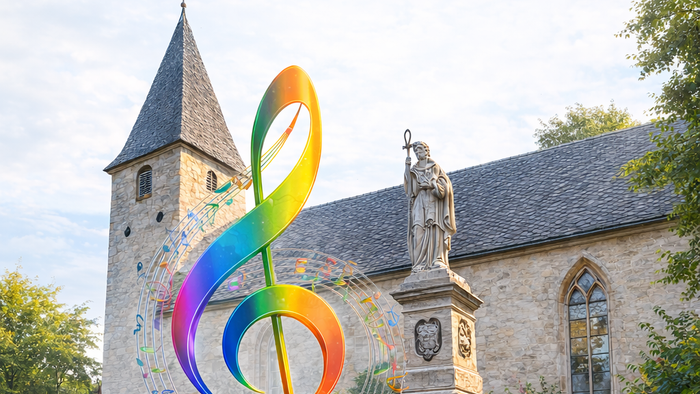 Ein Plakat kündigt eine musikalische Veranstaltung *„Kirche klingt gut“* an, die ein Kirchenkonzert mit Schulorchester und Bläserchor am 26. April 2026 präsentiert.