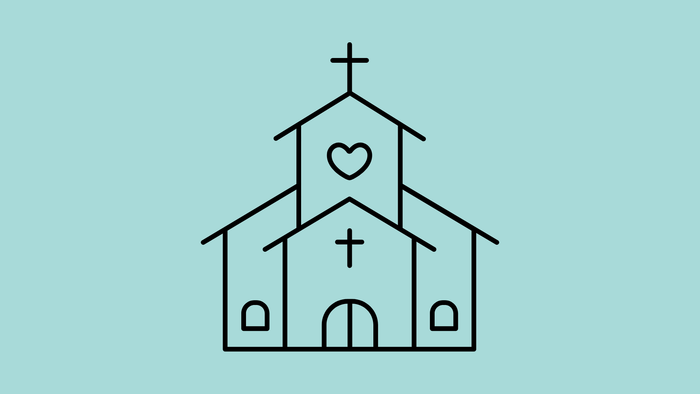 Kirchengebäude mit Kreuz und Herz-Symbol