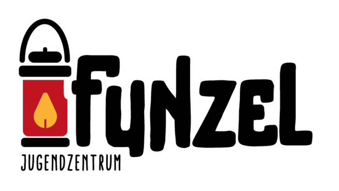 Logo für „Funzel Jugendzentrum“ mit einer Laterne und einer Flamme, das ein Jugendzentrum symbolisiert.