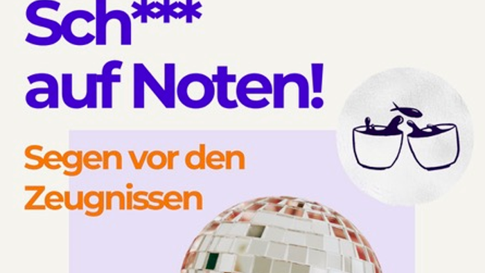 Bunter Discokugel-Poster mit deutschem Text, der Segen für Prüfungserfolg wünscht, und einer Sonnenbrillen-Illustration.
