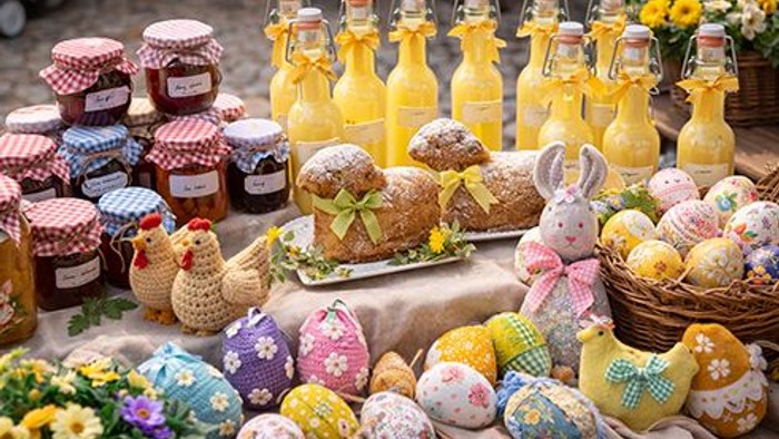 Auf einem festlich dekorierten Tisch eines Ostermarktes stehen Gläser mit hausgemachter Marmelade, Flaschen mit Eierlikör und mehrere mit Puderzucker bestäubte Biskuit-Osterlämmer. Dazwischen liegen bemalte Ostereier und verschiedene Handarbeiten wie gehä