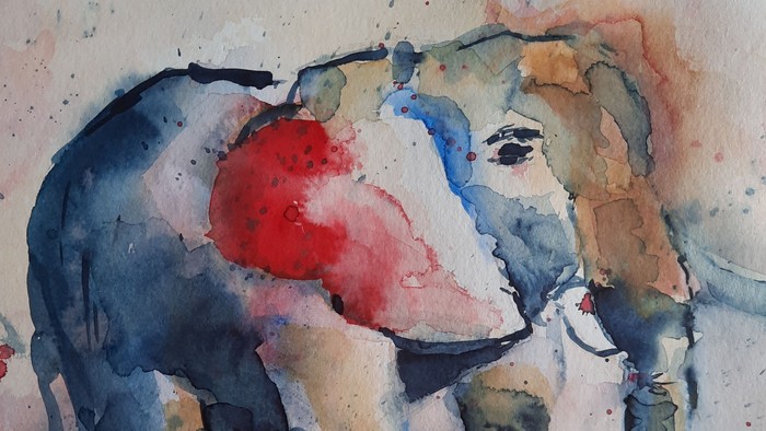 Aquarellmalerei eines expressiven Elefanten mit kräftigen roten und blauen Akzenten auf strukturiertem Hintergrund.