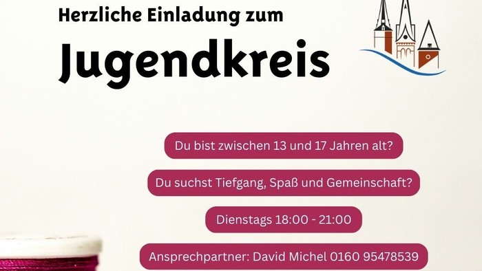 Plakat-Einladung für ein Jugendgruppentreffen mit Gemeinschaft, Spaß und biblischen Gesprächen für Jugendliche von 13 bis 17 Jahren.