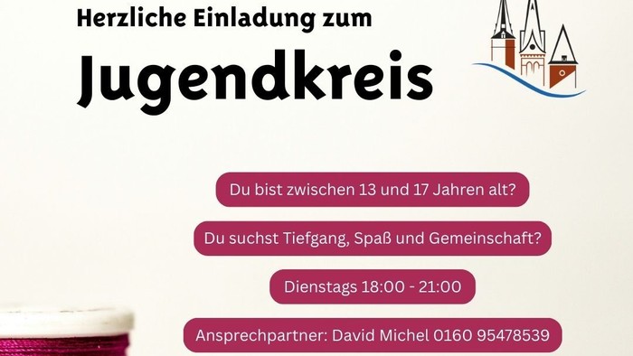 Plakat-Einladung für ein Jugendgruppentreffen mit Gemeinschaft, Spaß und biblischen Gesprächen für Jugendliche von 13 bis 17 Jahren.