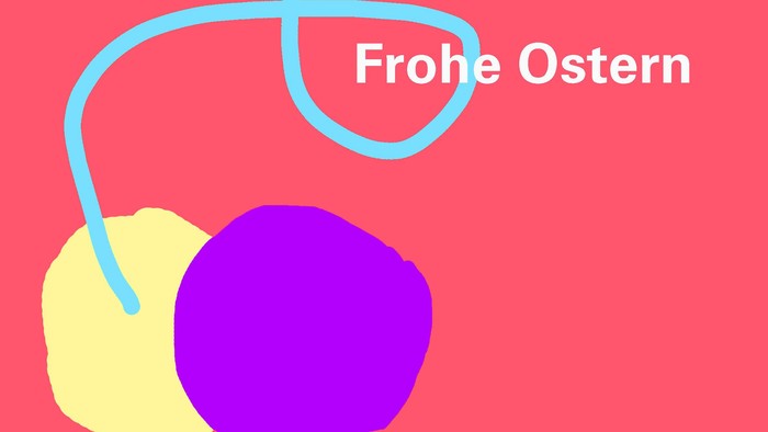 Ein bunter Schmetterling fliegt über zwei farbigen Eiern, Text: 