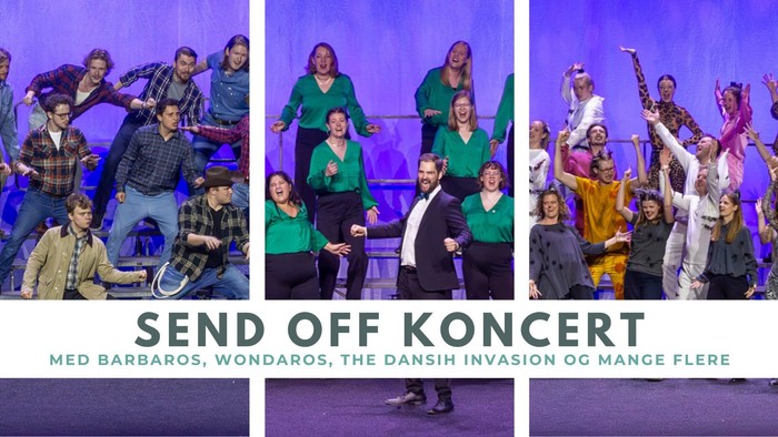 En livlig afskedskoncert med flere grupper, der optræder glædeligt sammen på scenen.