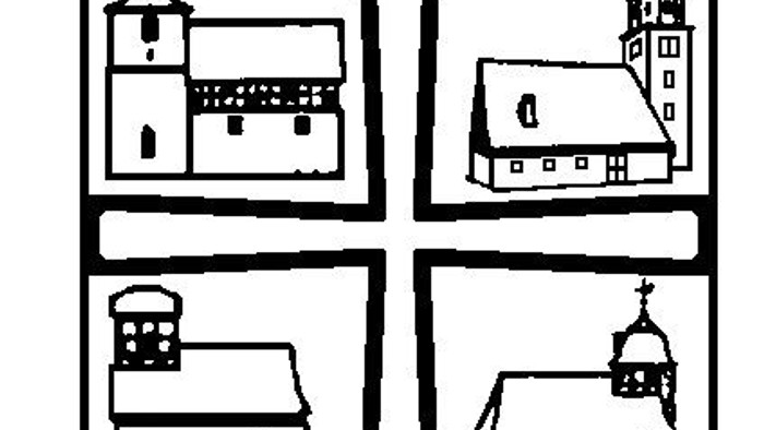 Vier unterschiedliche Gebäude, darunter eine Kirche mit einem hohen Kirchturm, ein kleineres Haus, ein größeres Haus mit einem Satteldach und ein detailreiches Gebäude mit Rundbogenfenstern.