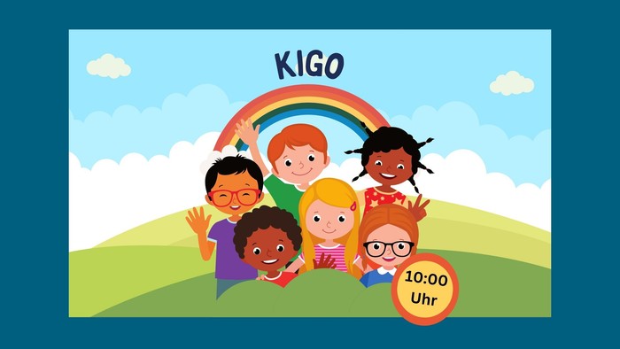 Kinder spielen fröhlich unter einem Regenbogen, KIGO steht oben, Preis 10:00 Uhr.
