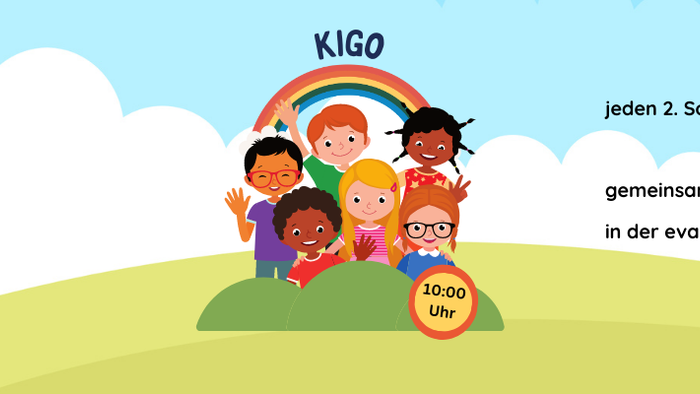 Ein buntes Kinderbuchcover mit einem Regenbogen und fröhlichen Kindern unter einem KIGO-Schild