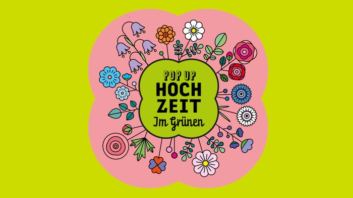Bunte Grafik zur Bewerbung von „Pop Up Hochzeit“ mit floralen Designs und dem Text „Hochzeit Im Grünen“.