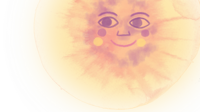 En glade og lysende sol med et smilende ansigt.