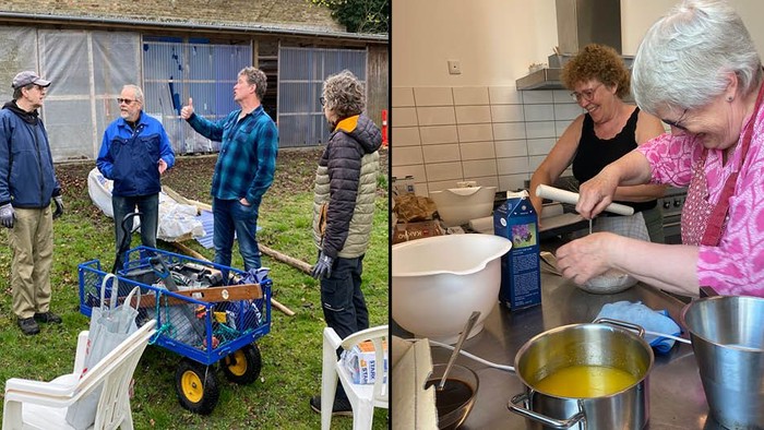 Personer, der arbejder i have og andre, der bager i køkken