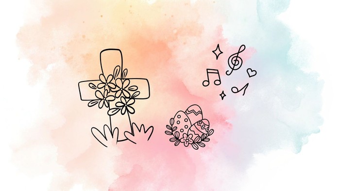 Illustrierte Aquarell-Icons eines Kreuzes mit Blumen, Herzformen und Musiknoten auf einem sanften Verlaufshintergrund.