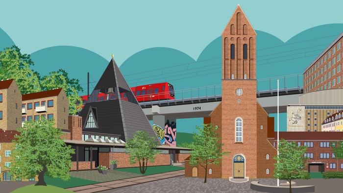 En farverig byskyline med høje bygninger og en jernbanetog.