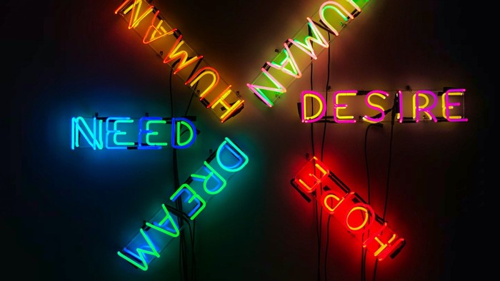 Neon-Schild mit den Worten *„human need desire“* in bunten Lichtern