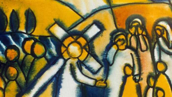 Das Bild zeigt eine abstrakte Malerei mit gelben und blauen Farbtönen, die menschliche Figuren und geometrische Formen darstellt