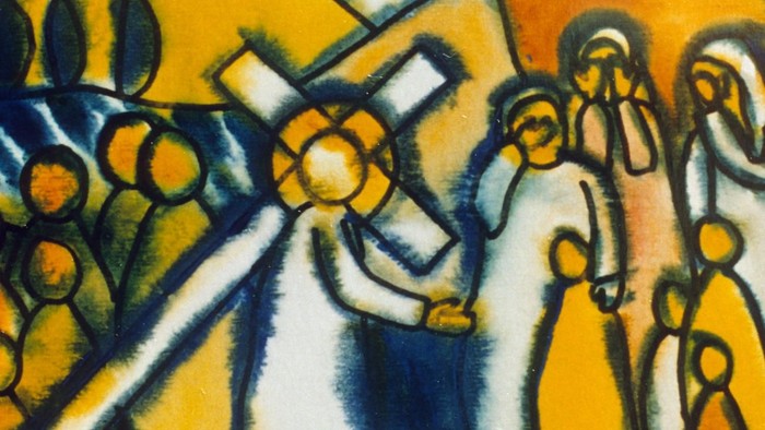 Das Bild zeigt eine abstrakte Malerei mit gelben und blauen Farbtönen, die menschliche Figuren und geometrische Formen darstellt