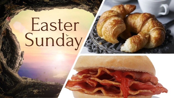 Celebrating Easter Sunday with pastries, a pastry sandwich, and festive imagery of a sunrise scene.