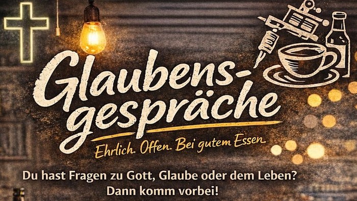 Plakat-Einladung zu Glaubensgesprächen mit Essen, Getränken und offenen Gesprächen über Leben und Glauben.
